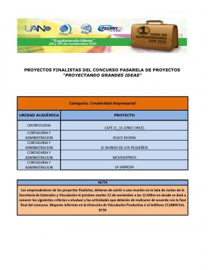 Finalistas  del concurso Pasarela de proyectos "Proyectando grandes ideas"