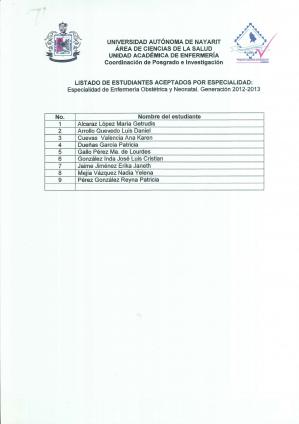 Lista aceptados Enfermería Obstétrica y Neonatal 2012