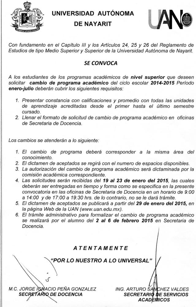 Convocatoria cambio de programa académico. Nivel superior. 2014-2015