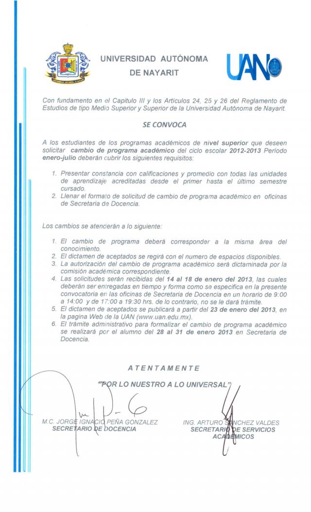 Convocatoria cambio programa académico enero-junio 2013