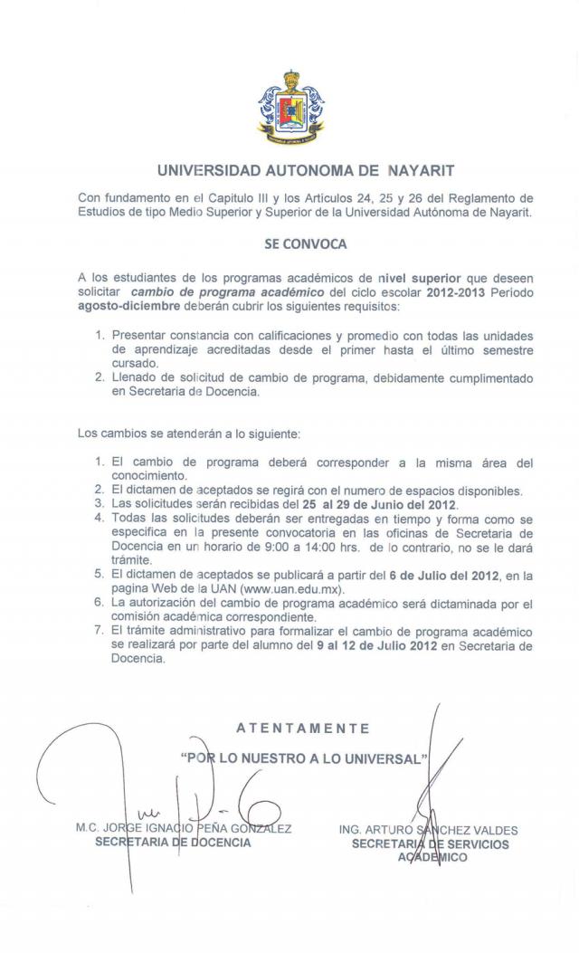 Convocatoria cambio de programa académico 2012-2012