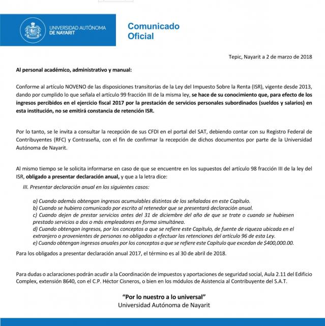 Comunicado sobre ISR