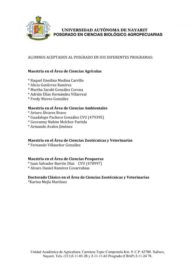 Aceptados Posgrados Biológico Agropecuarios 2012