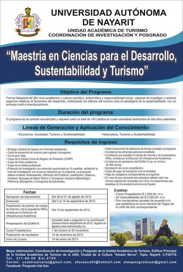 Convocatoria Maestría en Ciencias para el desarrollo, sustentabilidad y Turismo